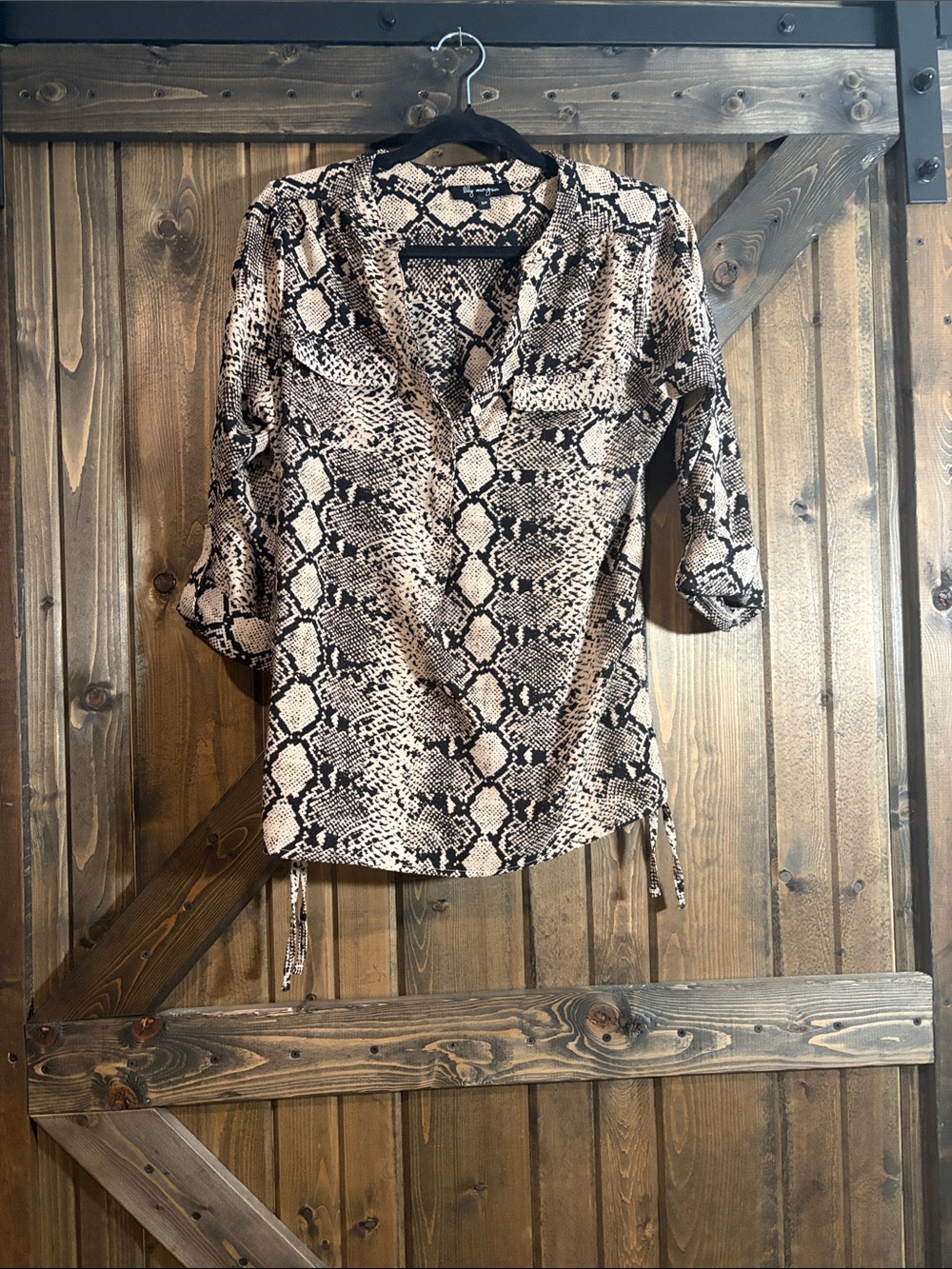 Snake Print V-Neck Blouse - Beige & Black